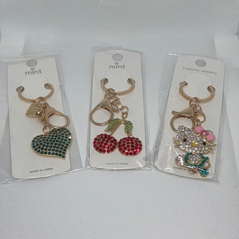 Keychain Trio Mint Green Heart and Red Cherry Bag Charm.